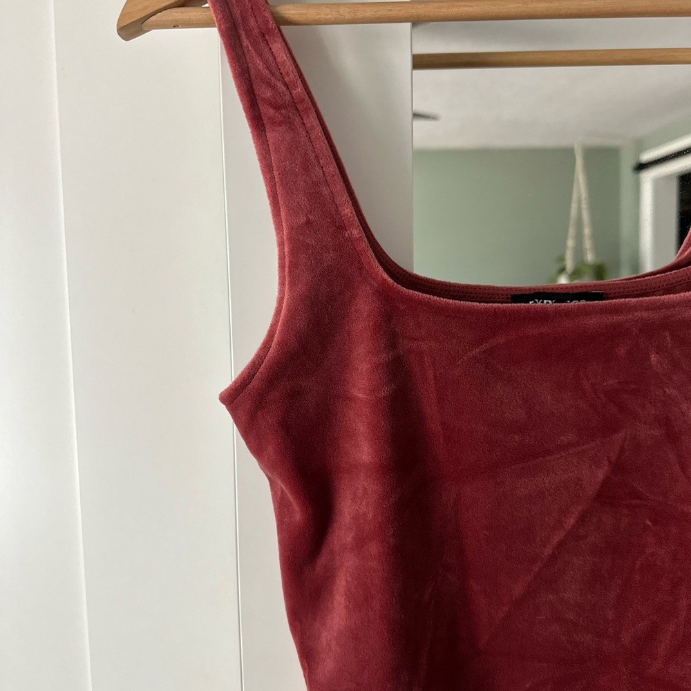 Express Velour Crop Top Stretch Square Neck Tank Top - Wine Red - Picture 3 of 5